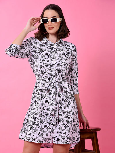 White Floral Print Mini Shirt Dress with Belt-Women Dress-Crimsoune Club