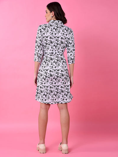 White Floral Print Mini Shirt Dress with Belt-Women Dress-Crimsoune Club