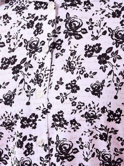 White Floral Print Mini Shirt Dress with Belt-Women Dress-Crimsoune Club