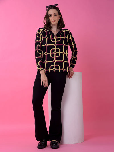 Black Printed V-Neck Shirt Dress-Women Dress-Crimsoune Club