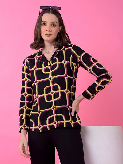 Black Printed V-Neck Shirt Dress-Women Dress-Crimsoune Club