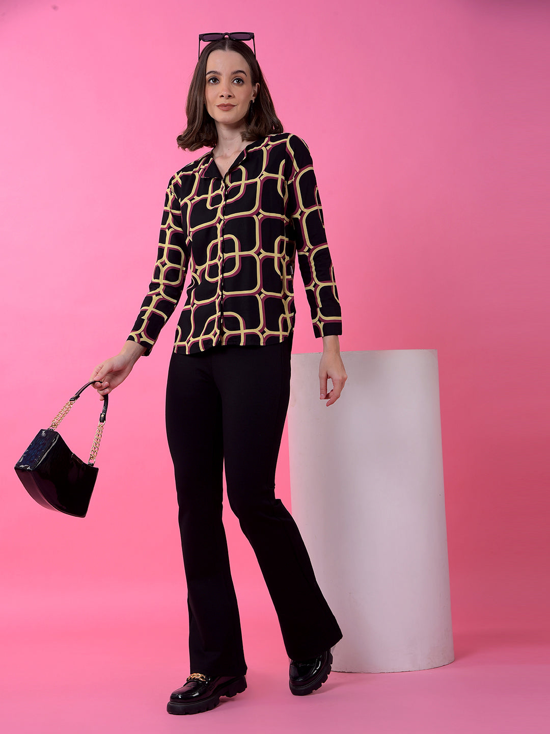 Black Printed V-Neck Shirt Dress-Women Dress-Crimsoune Club