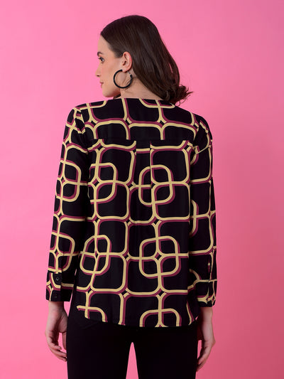 Black Printed V-Neck Shirt Dress-Women Dress-Crimsoune Club