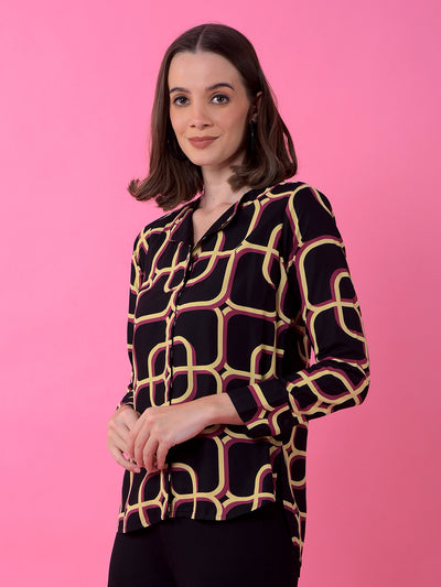 Black Printed V-Neck Shirt Dress-Women Dress-Crimsoune Club