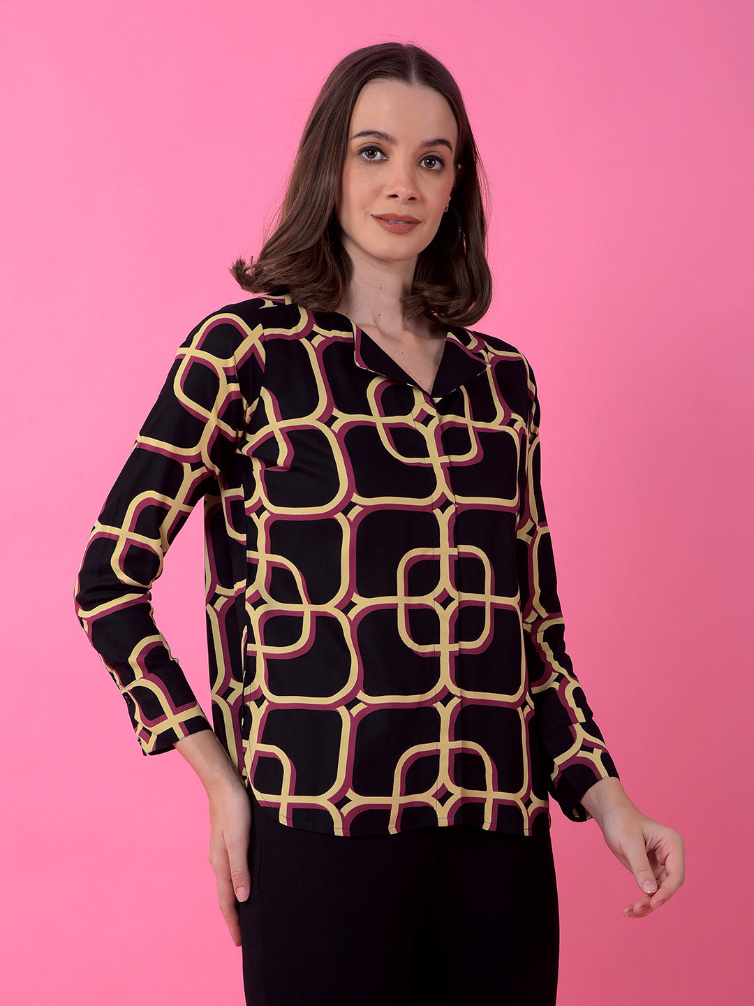 Black Printed V-Neck Shirt Dress-Women Dress-Crimsoune Club