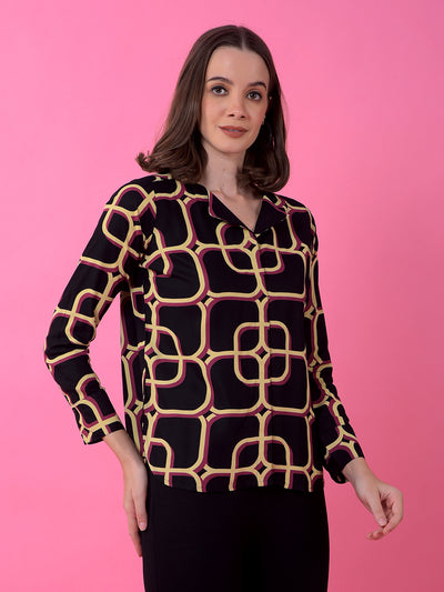 Black Printed V-Neck Shirt Dress-Women Dress-Crimsoune Club