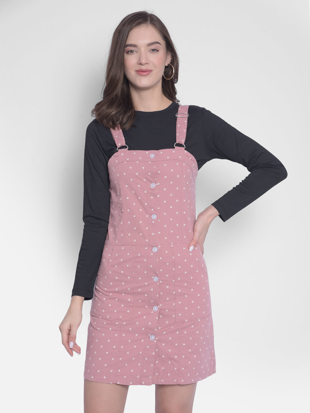 Pink Printed Pinafore Dress-Women Dresses-Crimsoune Club