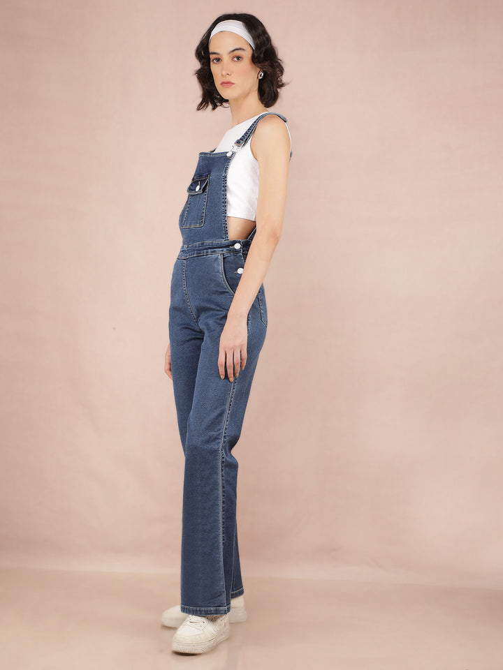 Blue Denim Bootcut Leg Dungarees-Women Dungarees-Crimsoune Club