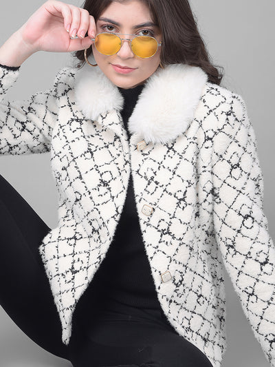 Off White Printed Coat WIth Fur Detail-Women Coats-Crimsoune Club