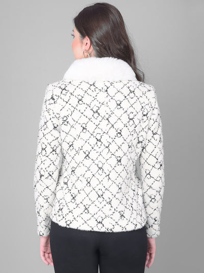 Off White Printed Coat WIth Fur Detail-Women Coats-Crimsoune Club