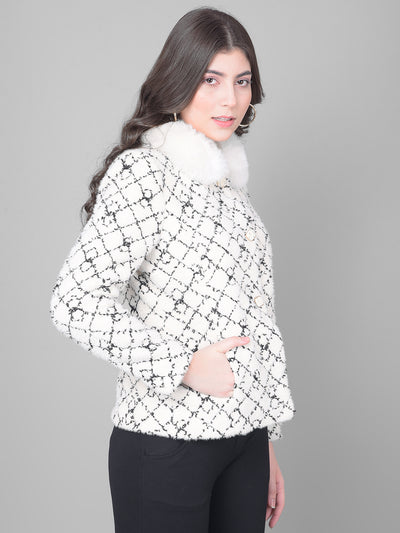 Off White Printed Coat WIth Fur Detail-Women Coats-Crimsoune Club