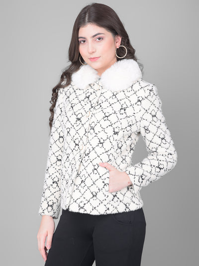 Off White Printed Coat WIth Fur Detail-Women Coats-Crimsoune Club