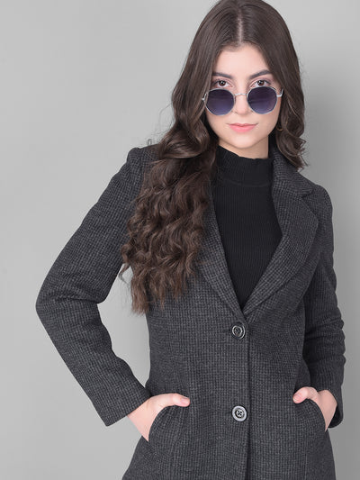 Black Notched Lapel Collar Overcoat-Women Coats-Crimsoune Club