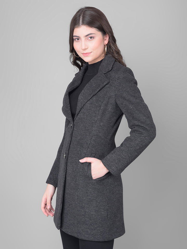 Black Notched Lapel Collar Overcoat-Women Coats-Crimsoune Club