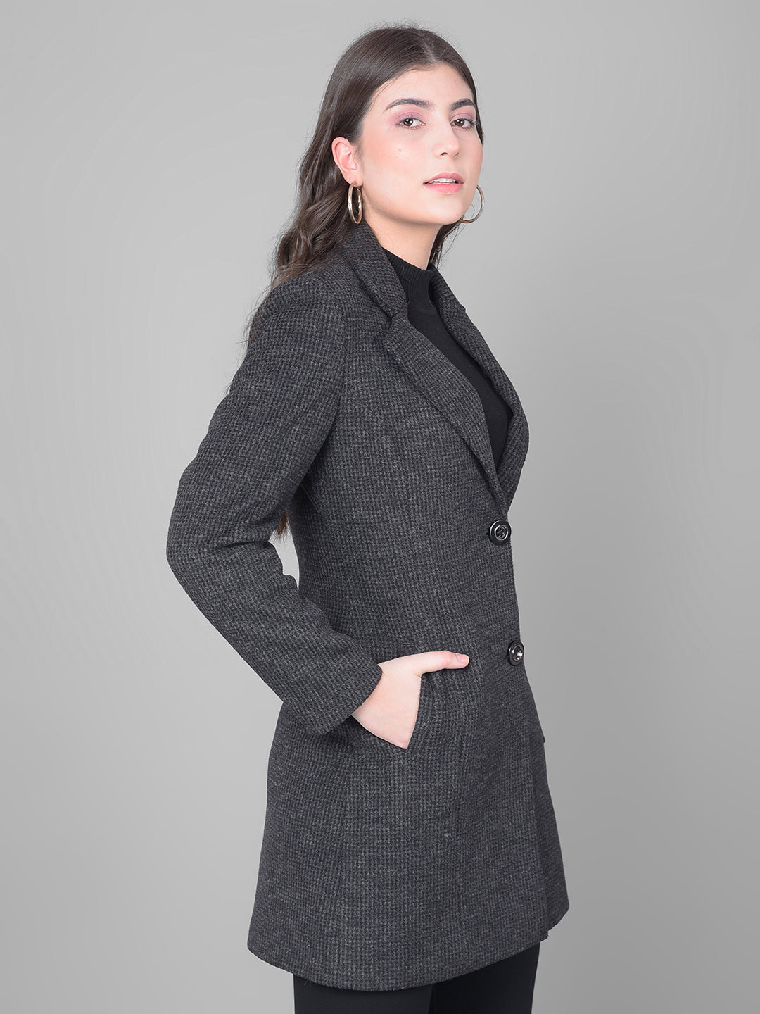Black Notched Lapel Collar Overcoat-Women Coats-Crimsoune Club
