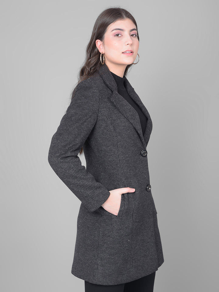 Black Notched Lapel Collar Overcoat-Women Coats-Crimsoune Club
