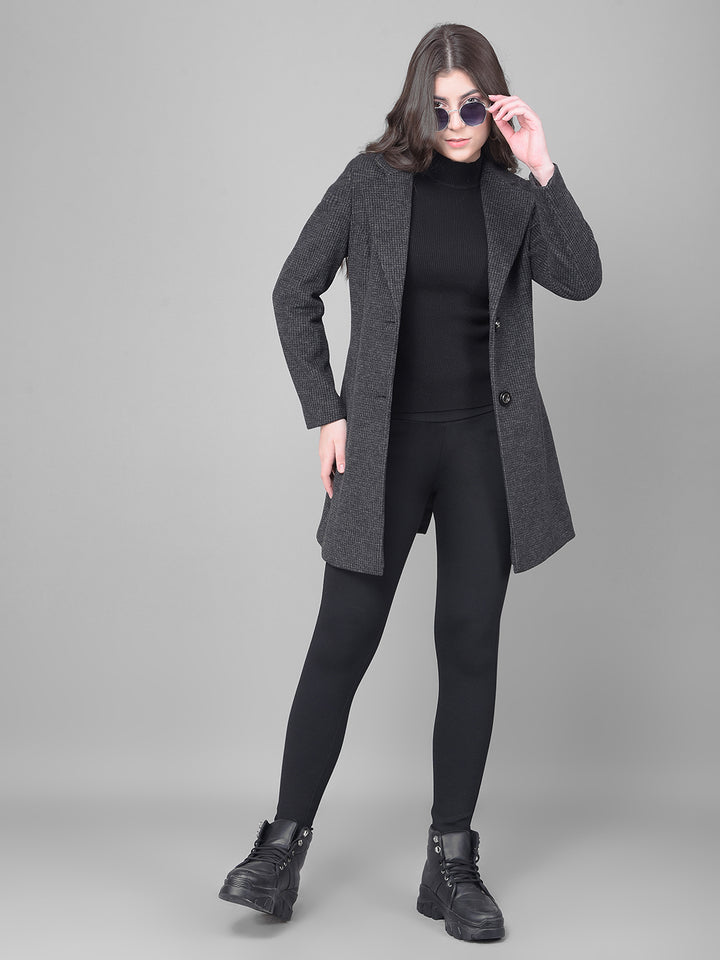 Black Notched Lapel Collar Overcoat-Women Coats-Crimsoune Club