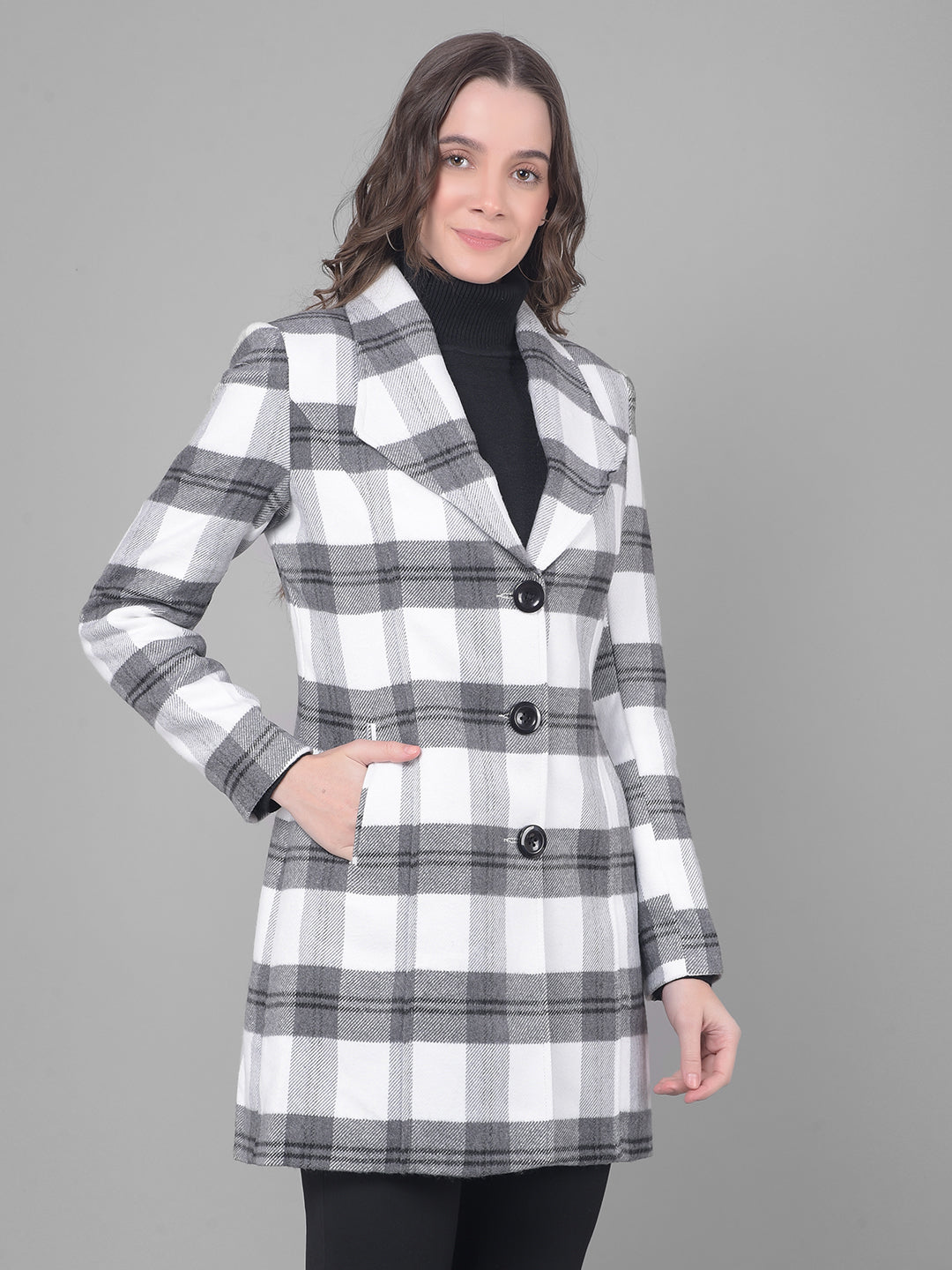 Black Checked Single Breasted Coat-Women Coats-Crimsoune Club