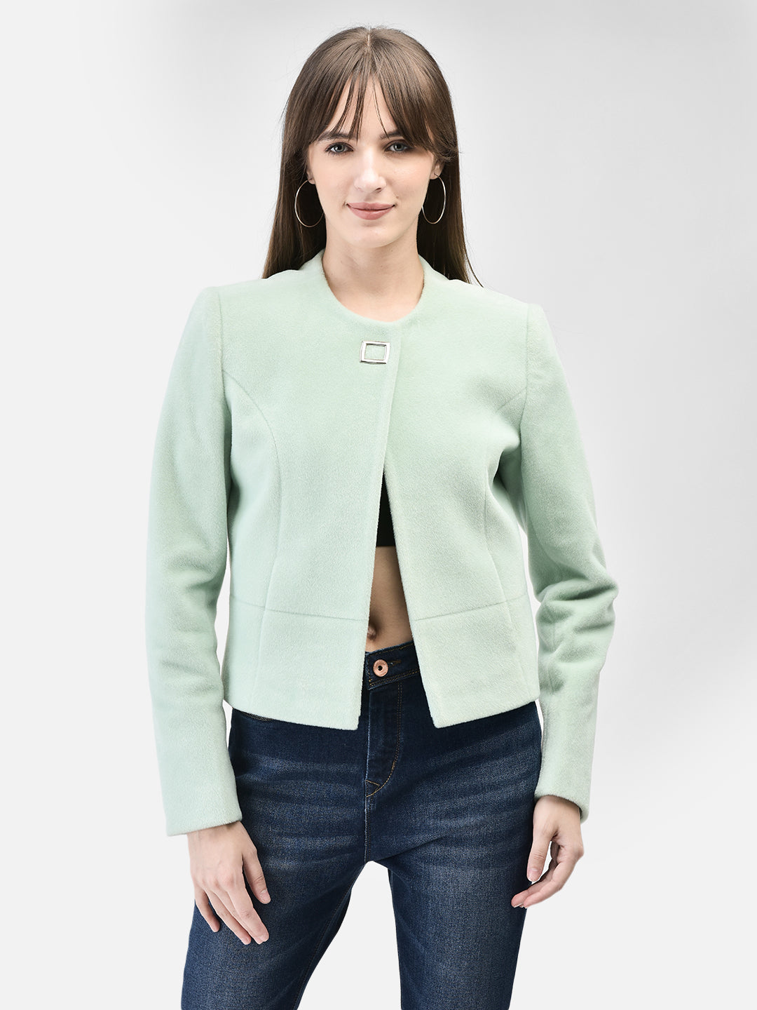 Mint Green Crop Length Coat-Women Coats-Crimsoune Club