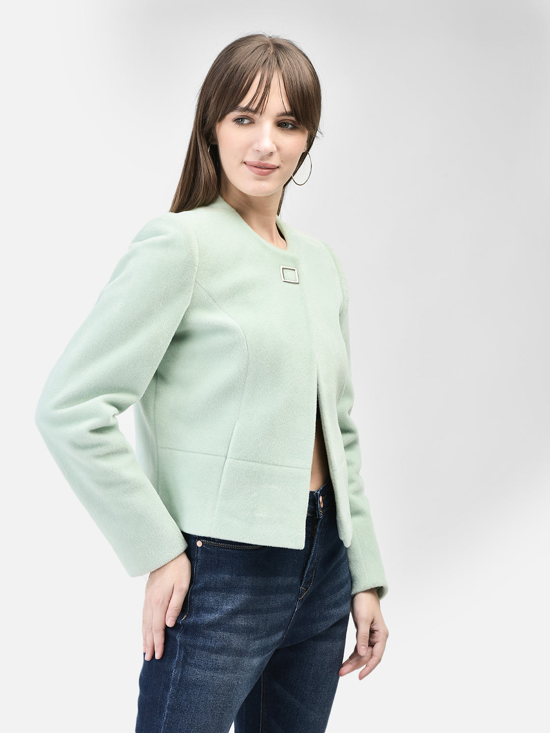 Mint Green Crop Length Coat-Women Coats-Crimsoune Club