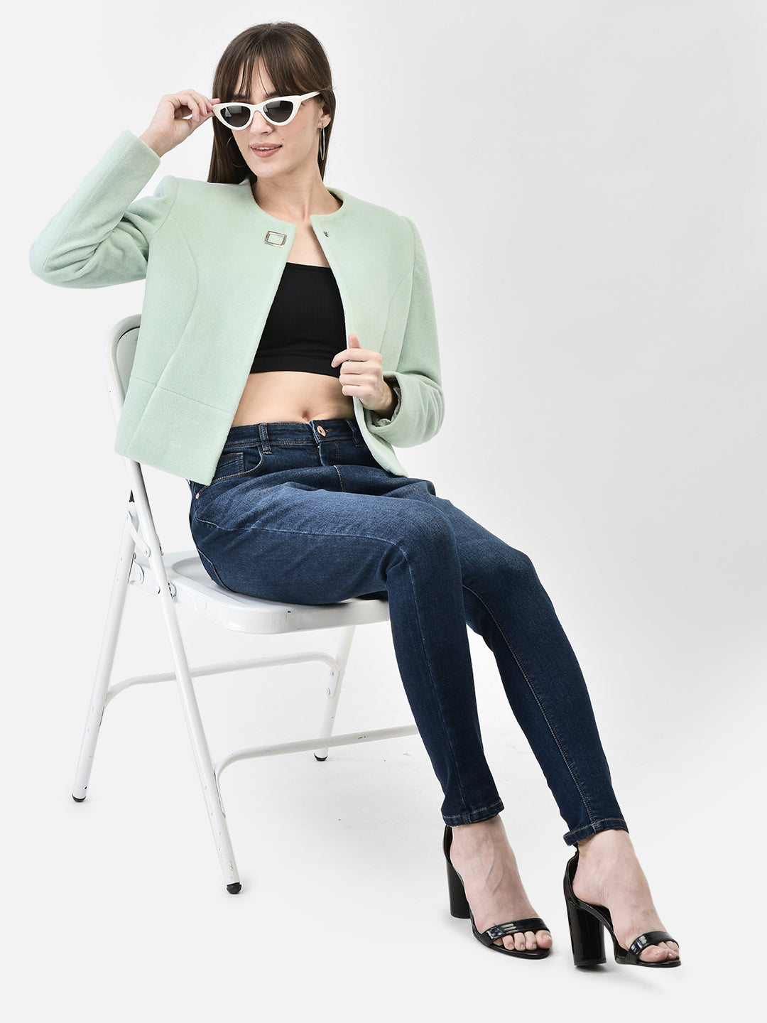 Mint Green Crop Length Coat-Women Coats-Crimsoune Club