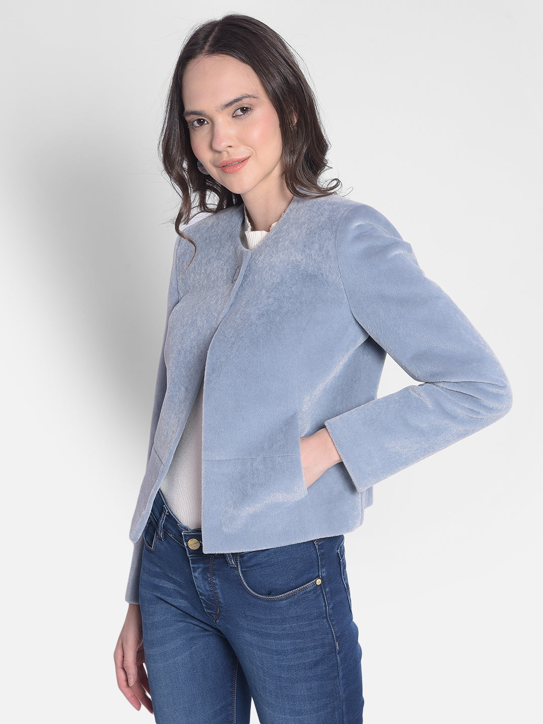 Blue Single Breasted Blazer-Women Blazers-Crimsoune Club