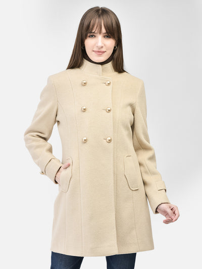 Beige Mandarin Collar Overcoat-Women Coats-Crimsoune Club