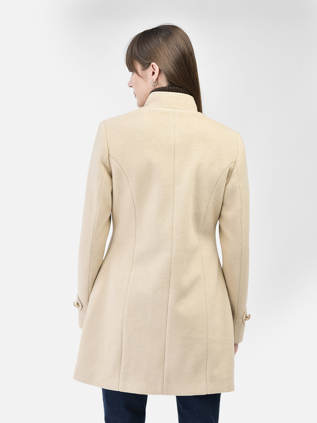 Beige Mandarin Collar Overcoat-Women Coats-Crimsoune Club