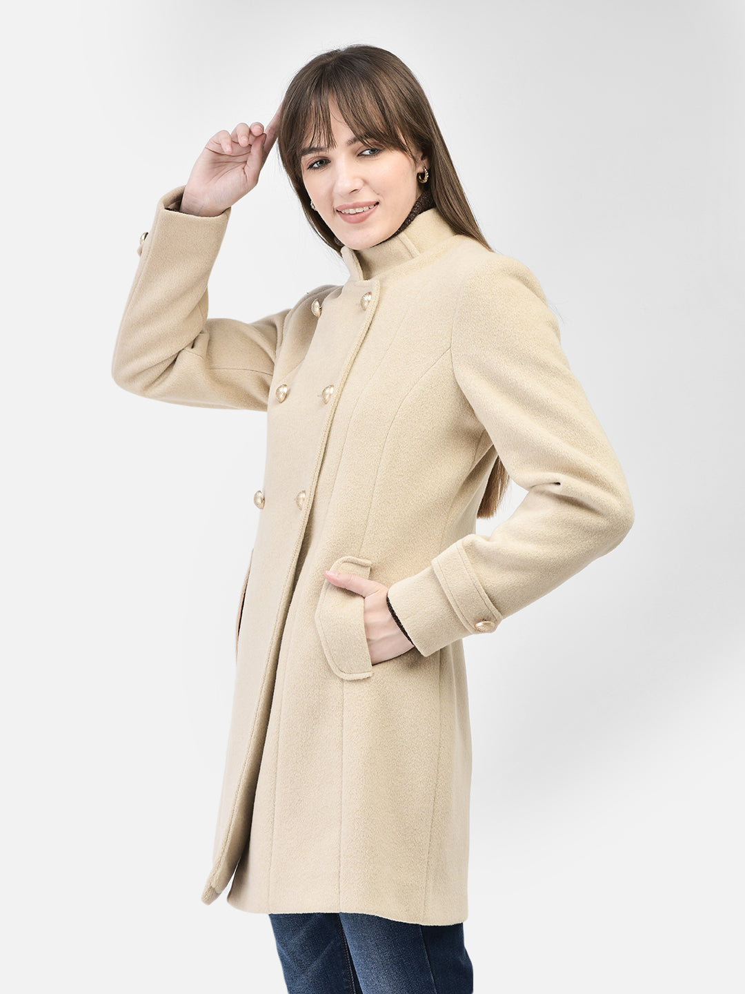 Beige Mandarin Collar Overcoat-Women Coats-Crimsoune Club