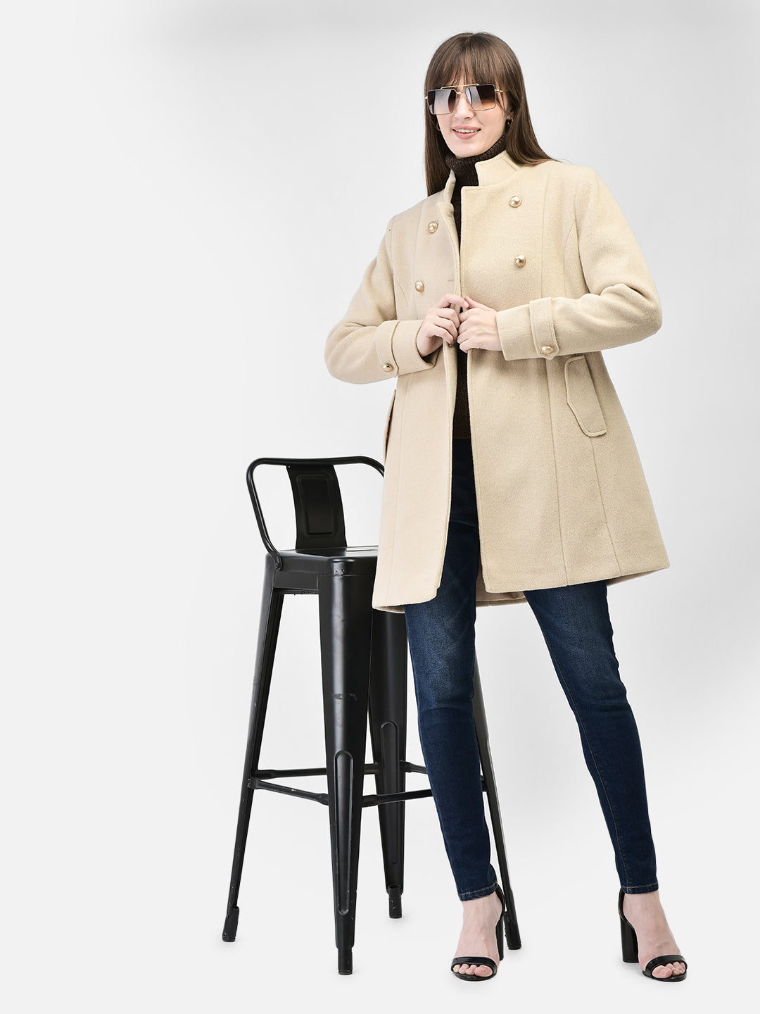 Beige Mandarin Collar Overcoat-Women Coats-Crimsoune Club