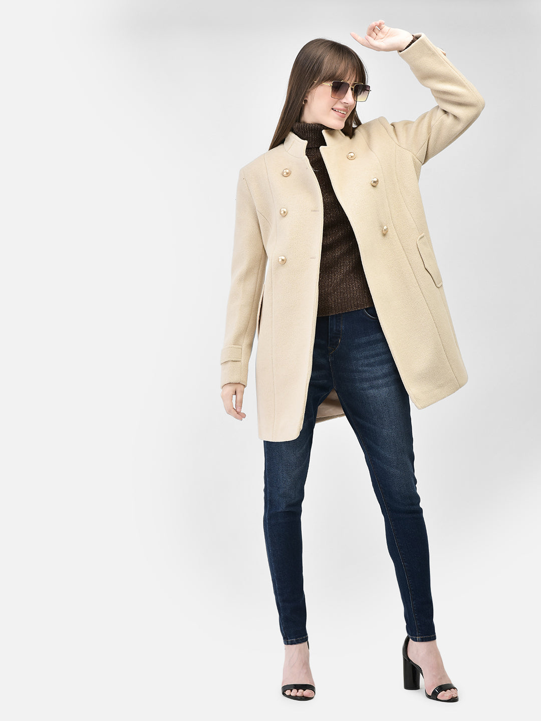 Beige Mandarin Collar Overcoat-Women Coats-Crimsoune Club