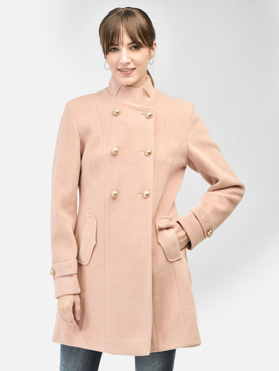 Pink Mandarin Collar Overcoat-Women Coats-Crimsoune Club