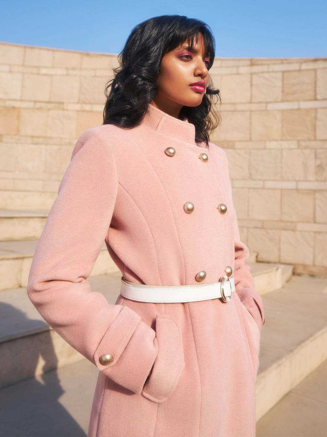 Pink Mandarin Collar Overcoat-Women Coats-Crimsoune Club