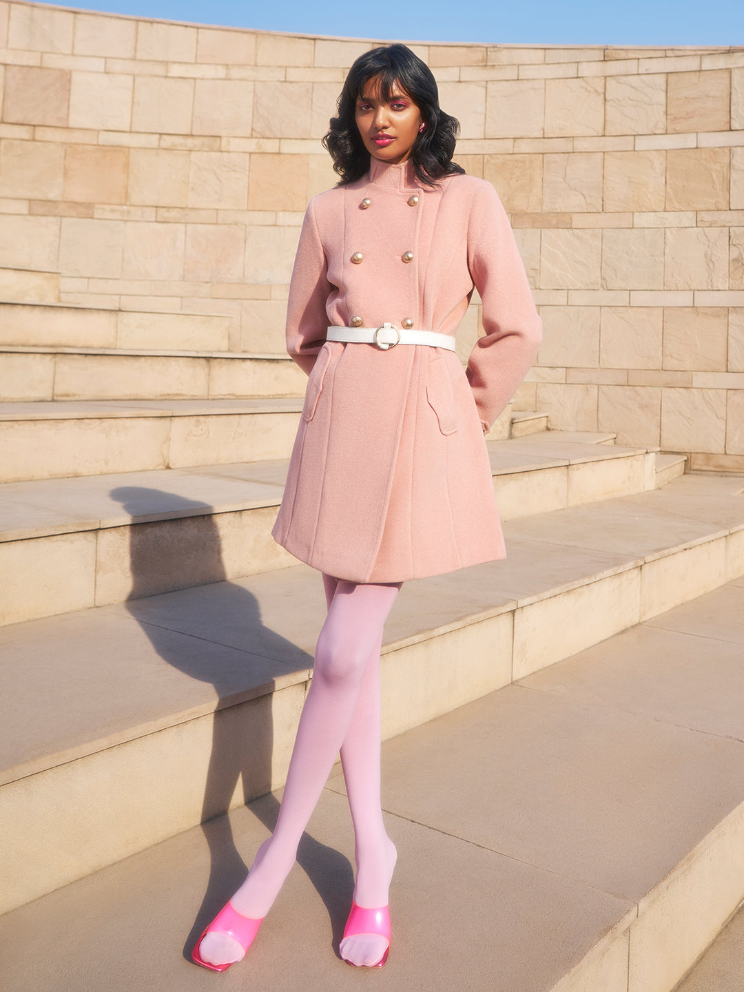 Pink Mandarin Collar Overcoat-Women Coats-Crimsoune Club