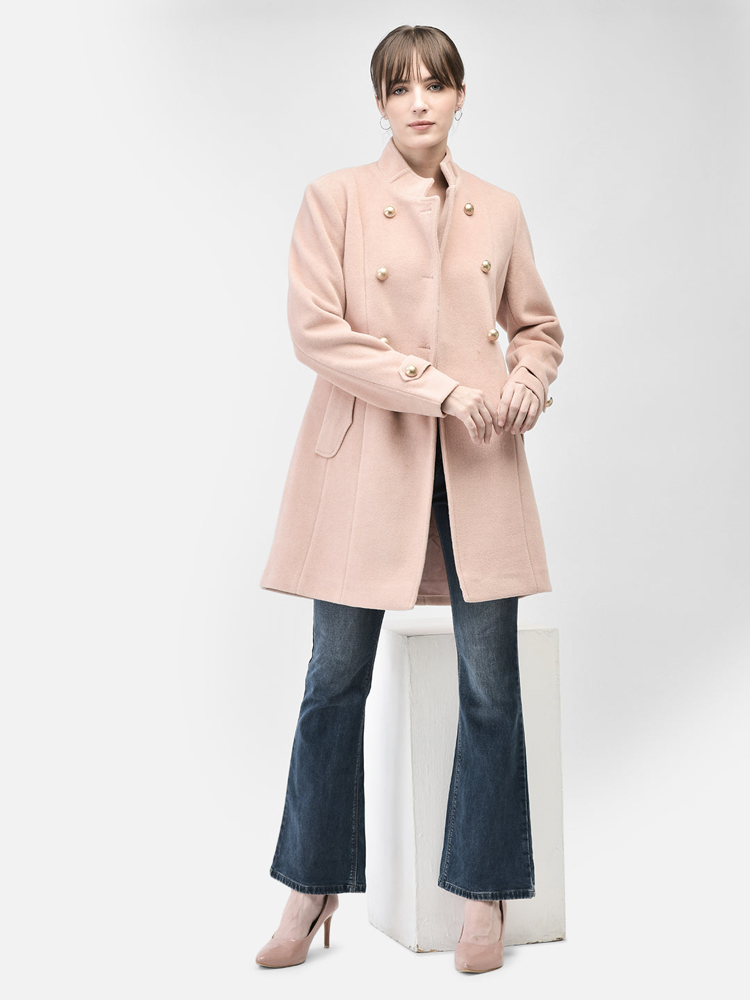 Pink Mandarin Collar Overcoat-Women Coats-Crimsoune Club