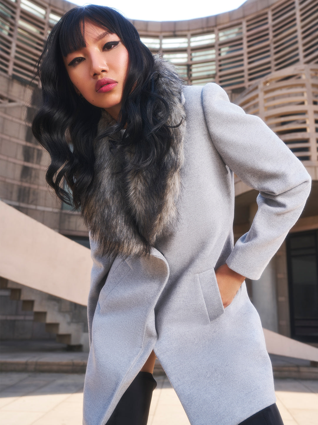 Grey Faux Fur Detailed Overcoat-Women Blazers-Crimsoune Club