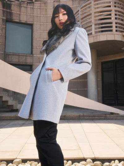 Grey Faux Fur Detailed Overcoat-Women Blazers-Crimsoune Club