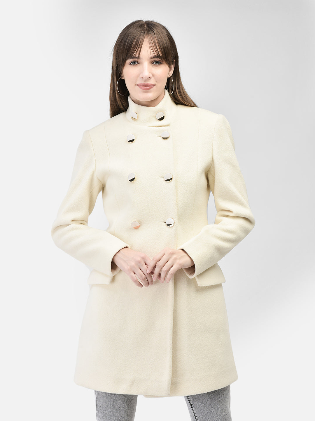 Off White Mandarin Collar Overcoat-Women Coats-Crimsoune Club