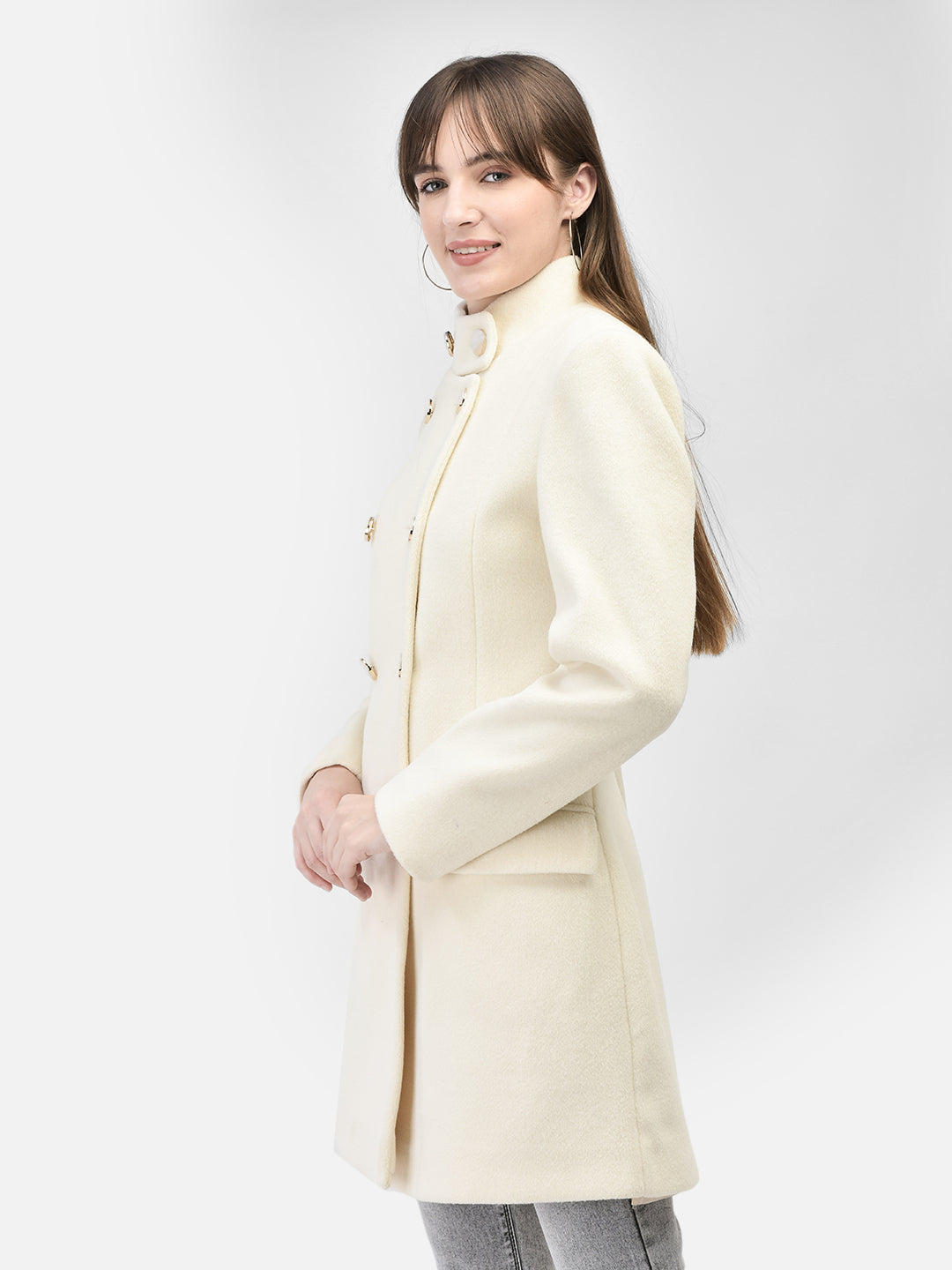 Off White Mandarin Collar Overcoat-Women Coats-Crimsoune Club