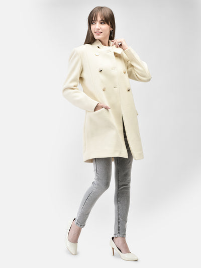 Off White Mandarin Collar Overcoat-Women Coats-Crimsoune Club