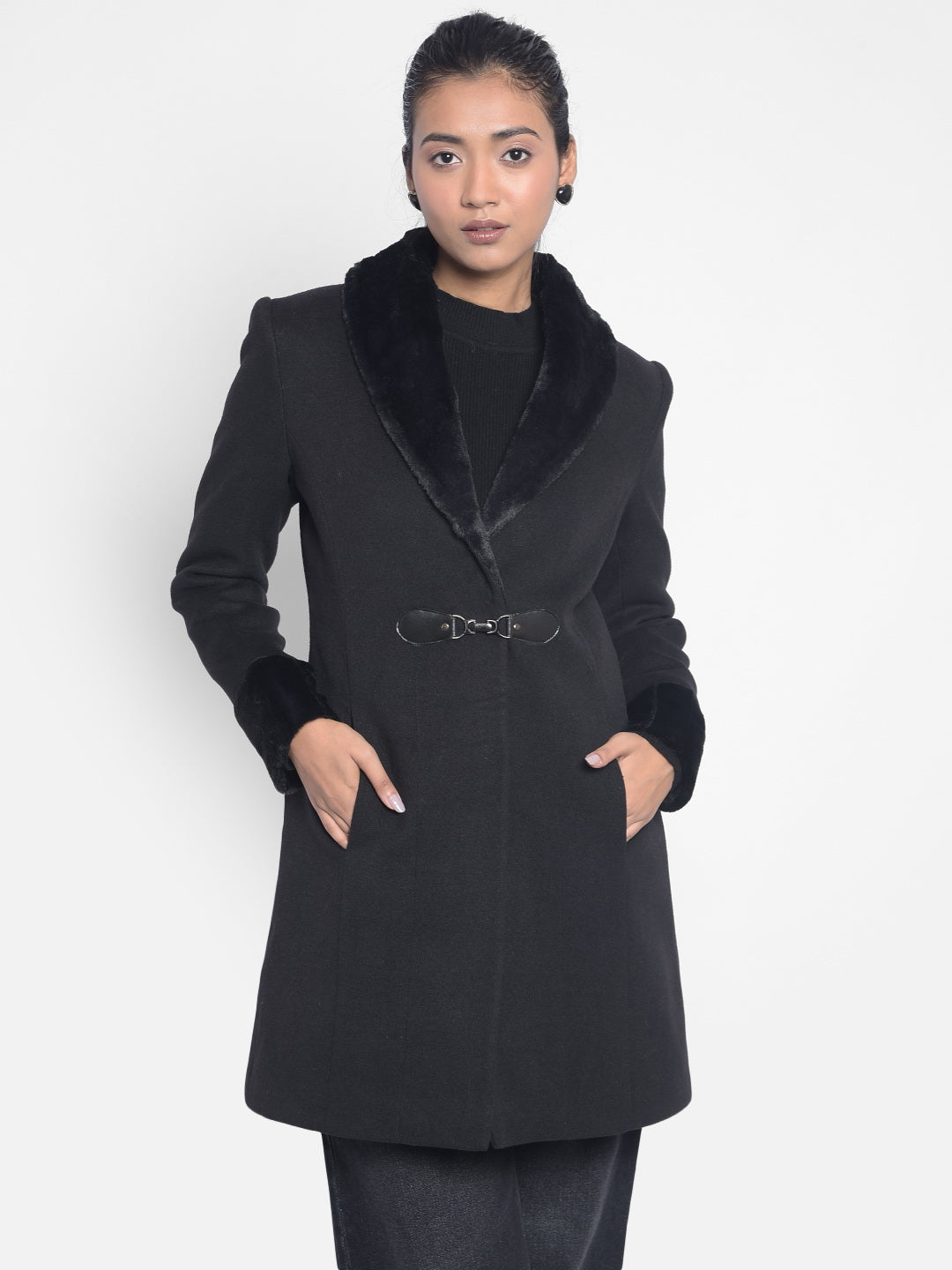 Black Notched Lapel Collar Overcoat-Women Coats-Crimsoune Club