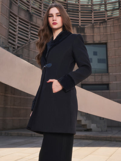 Black Notched Lapel Collar Overcoat-Women Coats-Crimsoune Club