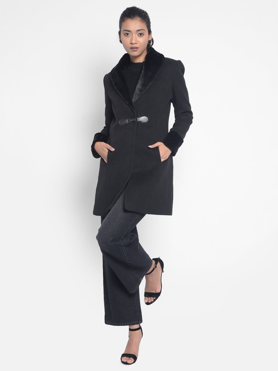 Black Notched Lapel Collar Overcoat-Women Coats-Crimsoune Club