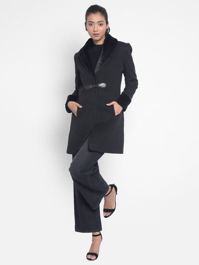 Black Notched Lapel Collar Overcoat-Women Coats-Crimsoune Club