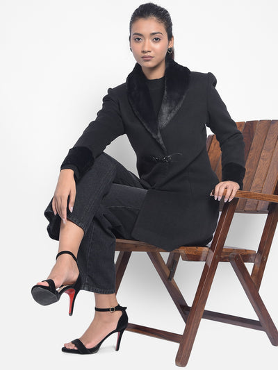 Black Notched Lapel Collar Overcoat-Women Coats-Crimsoune Club