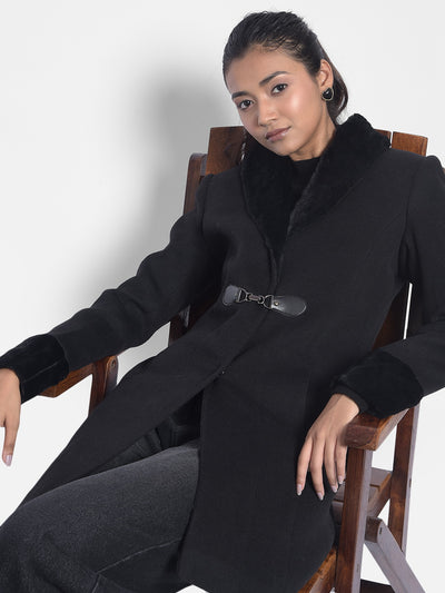 Black Notched Lapel Collar Overcoat-Women Coats-Crimsoune Club