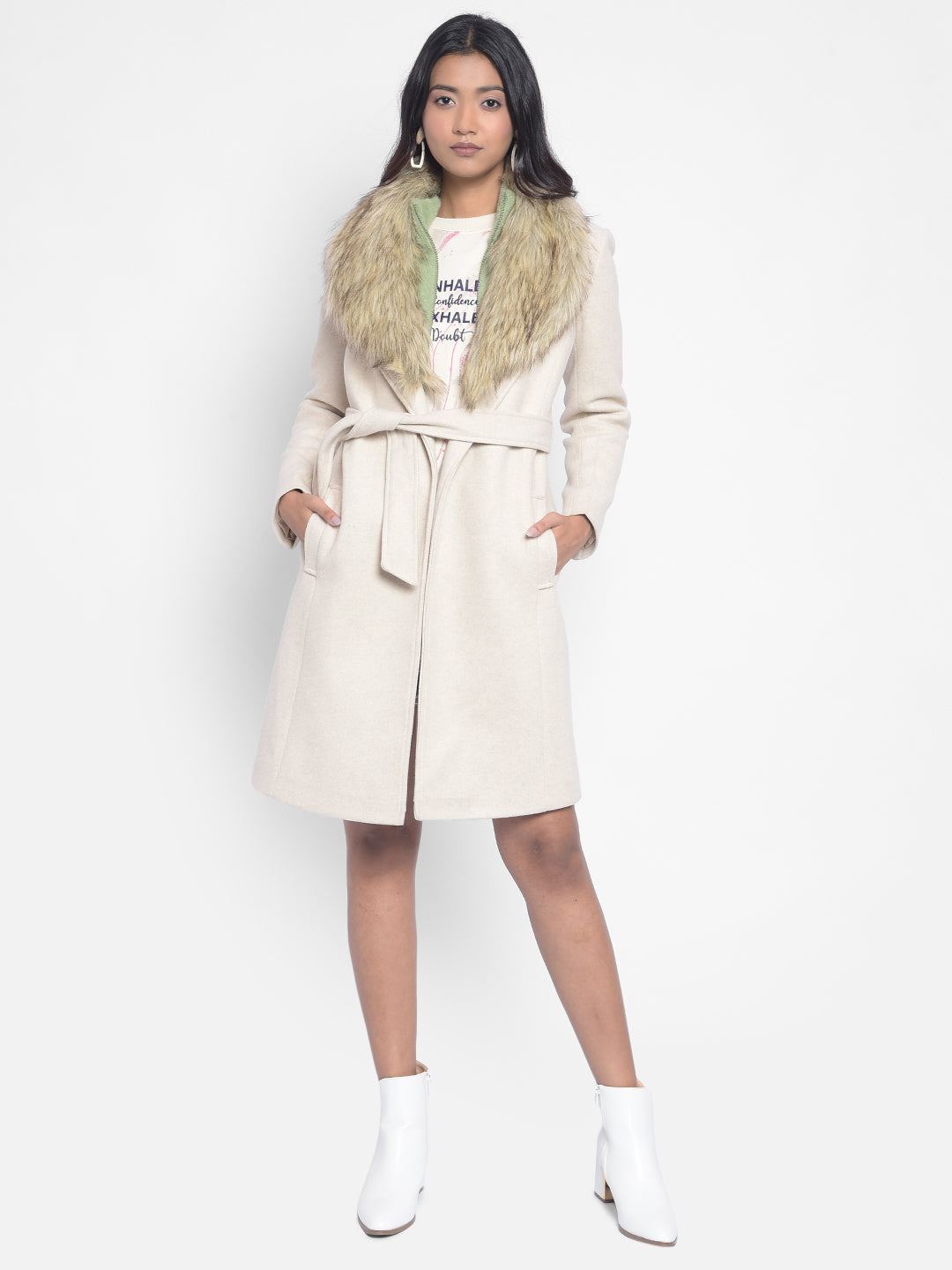 Beige Faux Fur Detailed Wrap Coat-Women Blazers-Crimsoune Club