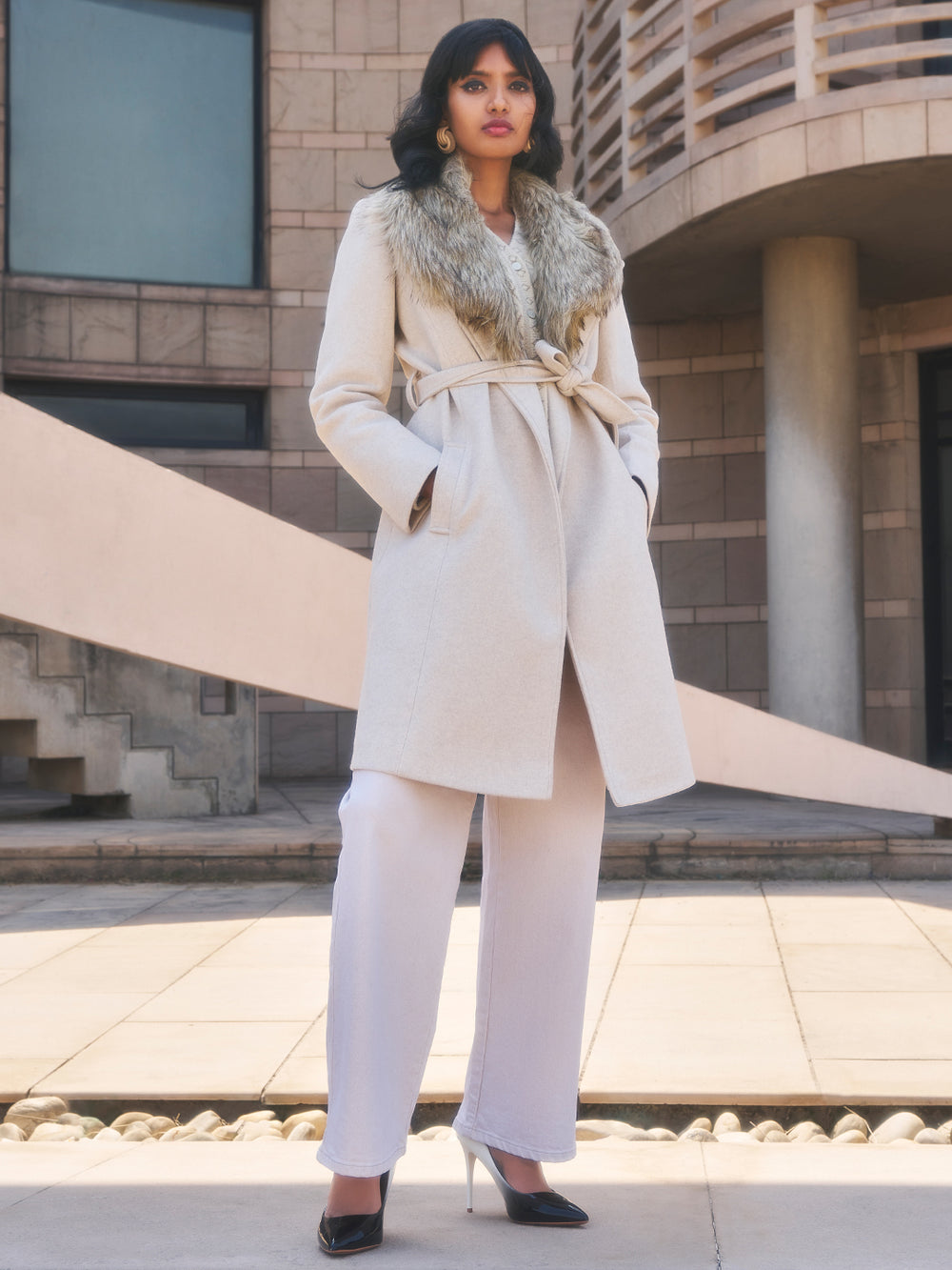 Beige Faux Fur Detailed Wrap Coat-Women Blazers-Crimsoune Club
