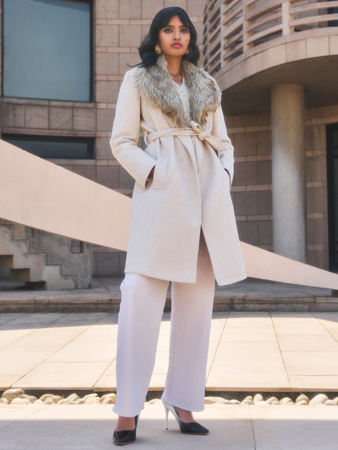 Beige Faux Fur Detailed Wrap Coat-Women Blazers-Crimsoune Club