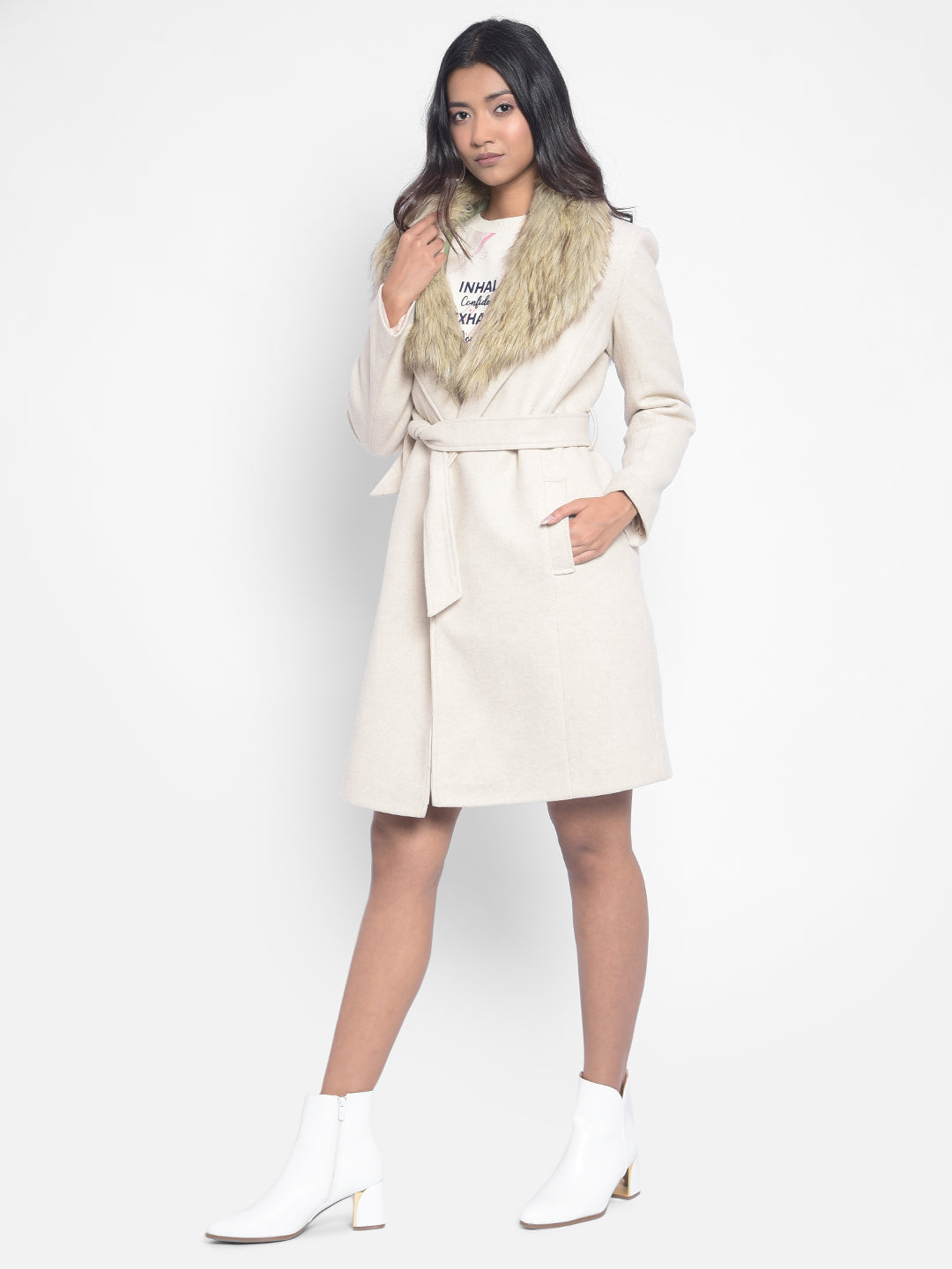 Beige Faux Fur Detailed Wrap Coat-Women Blazers-Crimsoune Club